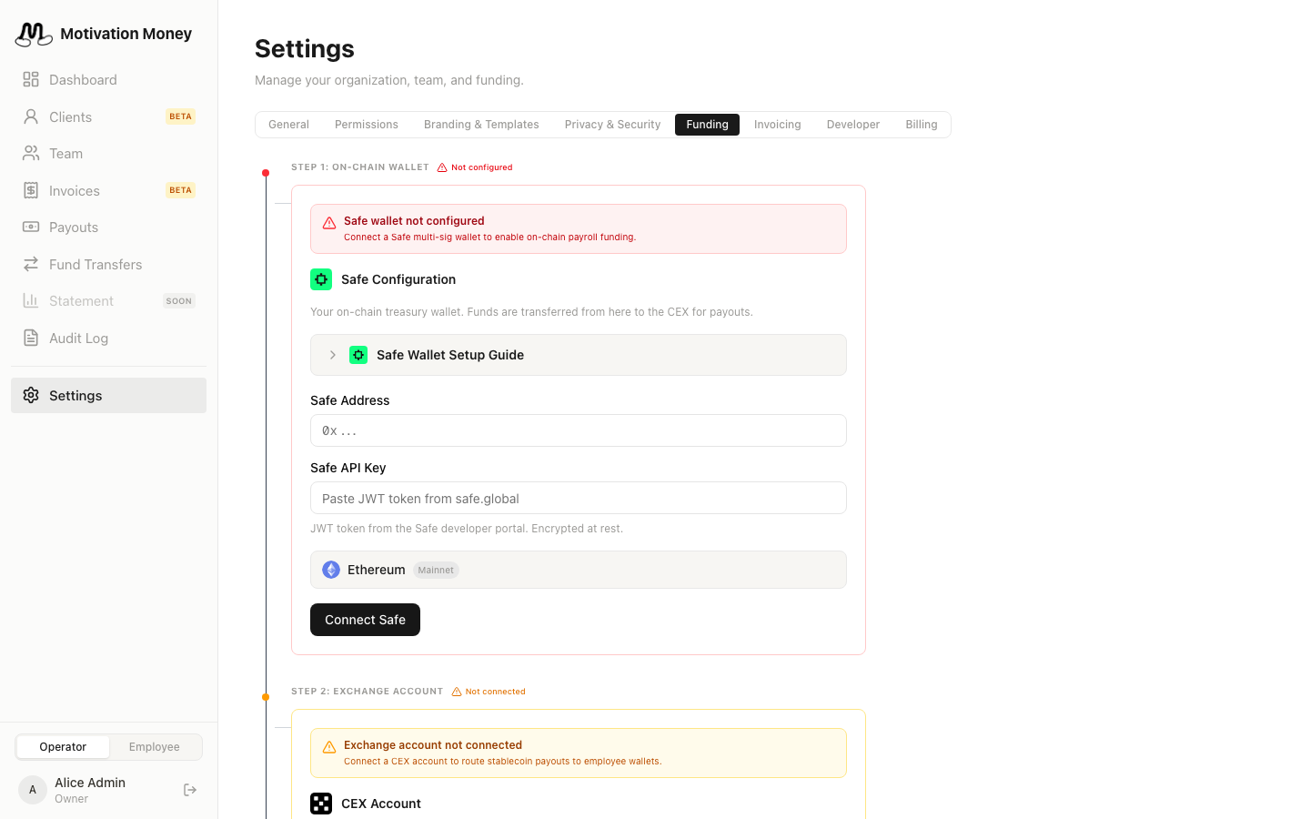 Motivation Money funding settings screen showing Safe configuration and CEX account connection