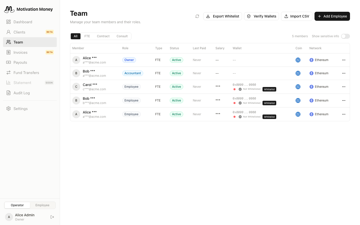 Motivation Money team page showing members, roles, wallet status, coins, and networks